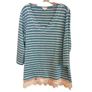 Coral‎ Bay Women's Blue White Stripe Lightweight Lace Hem 3/4 Sleeve Top 1X